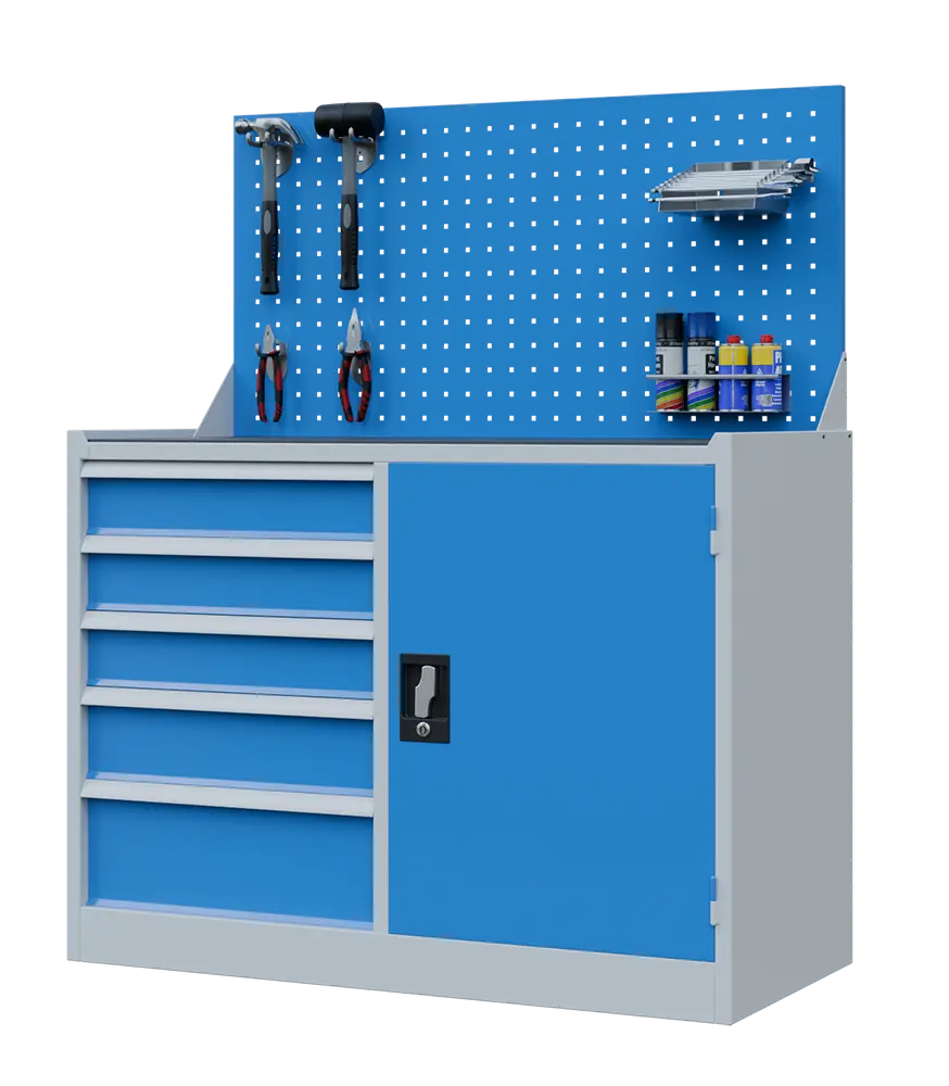 DS - 210 - skříň úložná, 5 zásuvek, závěsná deska, ocel, šedomodrá